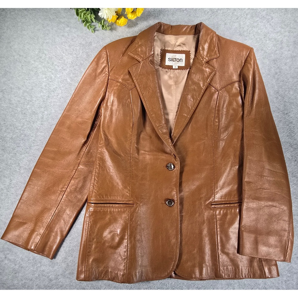 Silton Leather Blazer Women 16 Brown Vintage Western Boho Cognac Jacket 70s